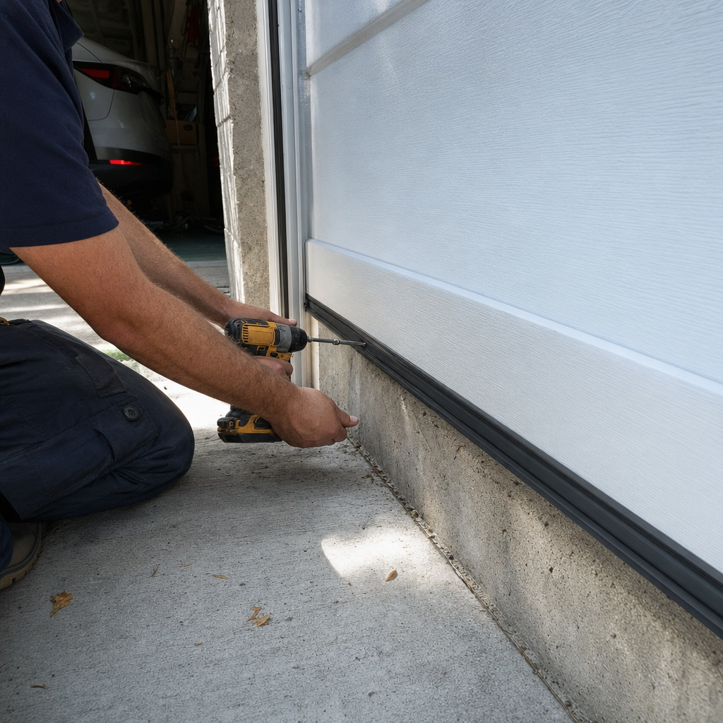 Technician installing garage door weather stripping with a power drill. in Chicago, IL